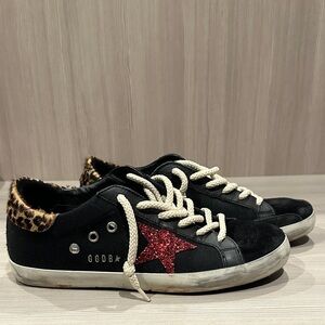 Golden Goose Black Sneakers with Red Star and Leopard Detail